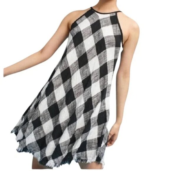 Cloth & Stone White Black Checker Gingham Mini Frayed Hem Halter Dress XS - Picture 8 of 13
